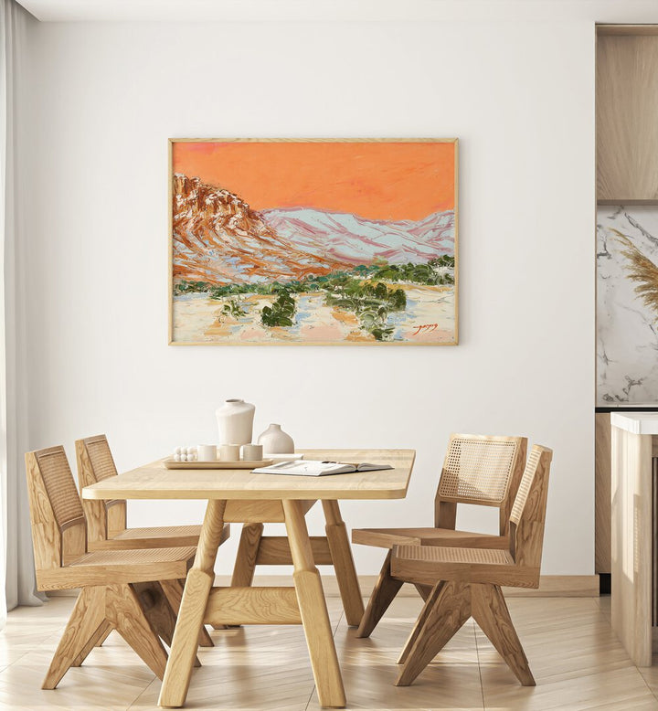 Vibrant MOUNTAIN, LANDSCAPE PAINTINGS adorn a modern dining space, enhancing style and warmth in any home.