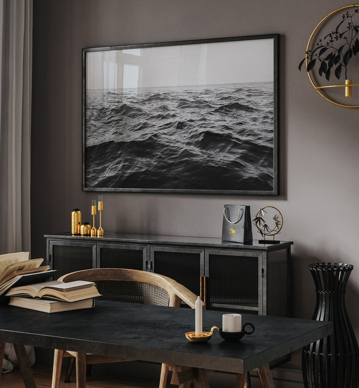 WAVY HORIZON BW, BEACH PAINTINGS adds a modern touch to any space with its captivating wavy ocean design.