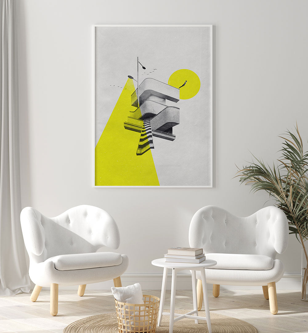 Stylish living room featuring FIRST STEP, SURREAL ART PRINTS with bold yellow accents and modern decor.