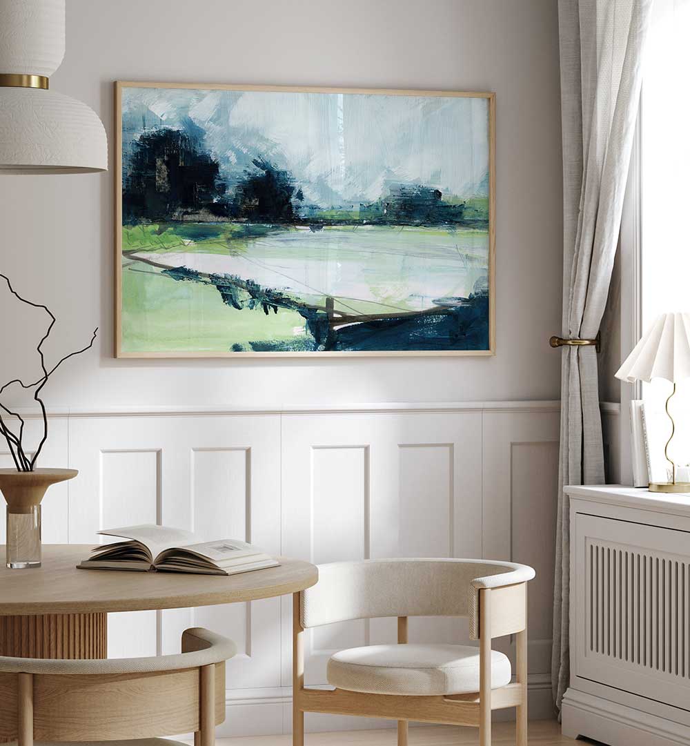 Serene interior featuring "A QUIET REFLECTION, LANDSCAPE PAINTINGS" that enhance any living space with nature's beauty.