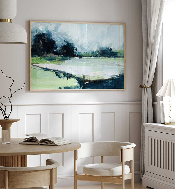 Serene interior featuring "A QUIET REFLECTION, LANDSCAPE PAINTINGS" that enhance any living space with nature's beauty.