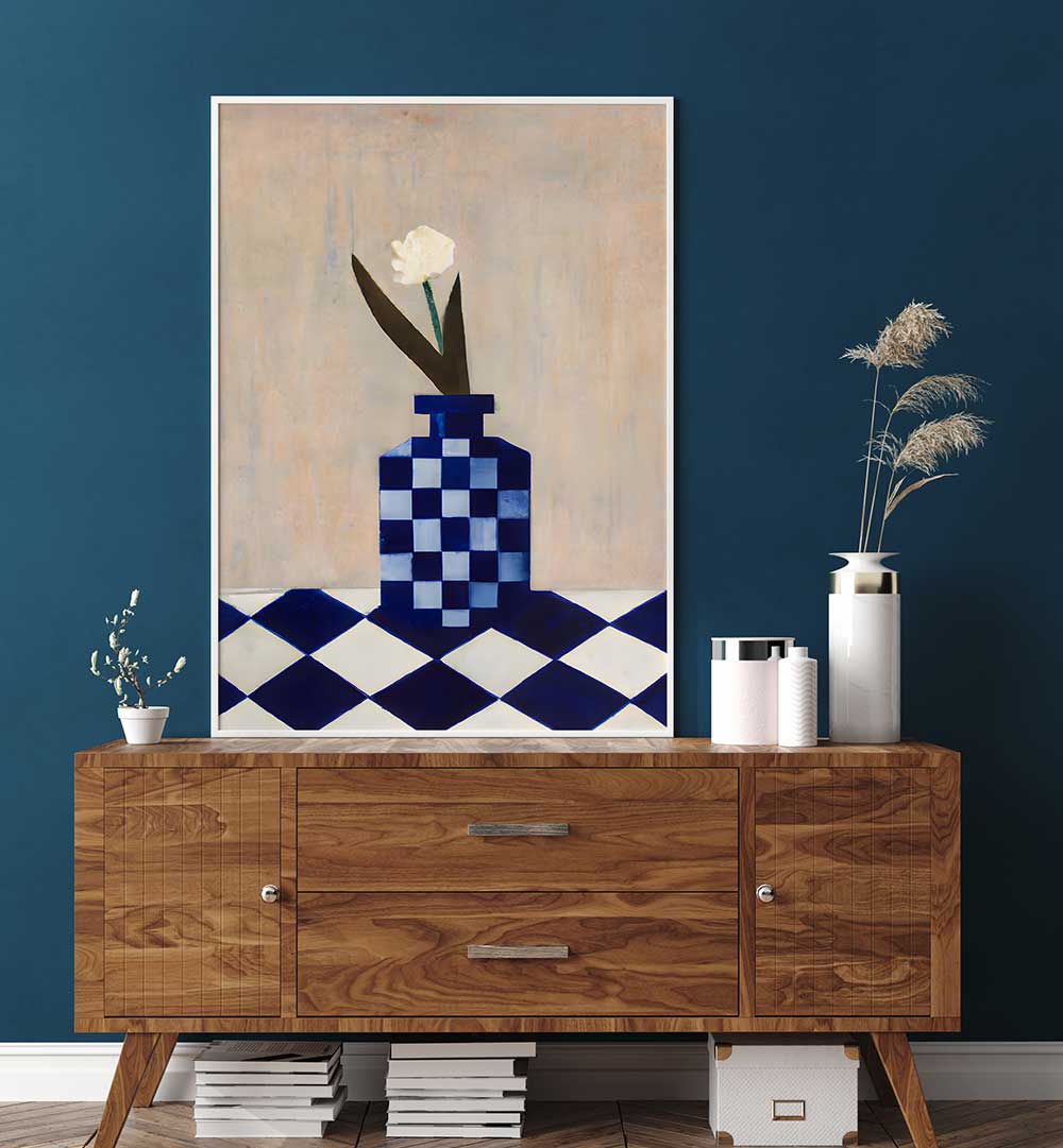 CHECK THE VASE , KITCHEN POSTERS featuring a blue checkered vase with a white flower, enhancing kitchen decor with style and charm.