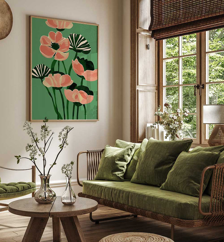 CORAL POPPIES ON GREEN , FLORAL FLOWER PAINTINGS