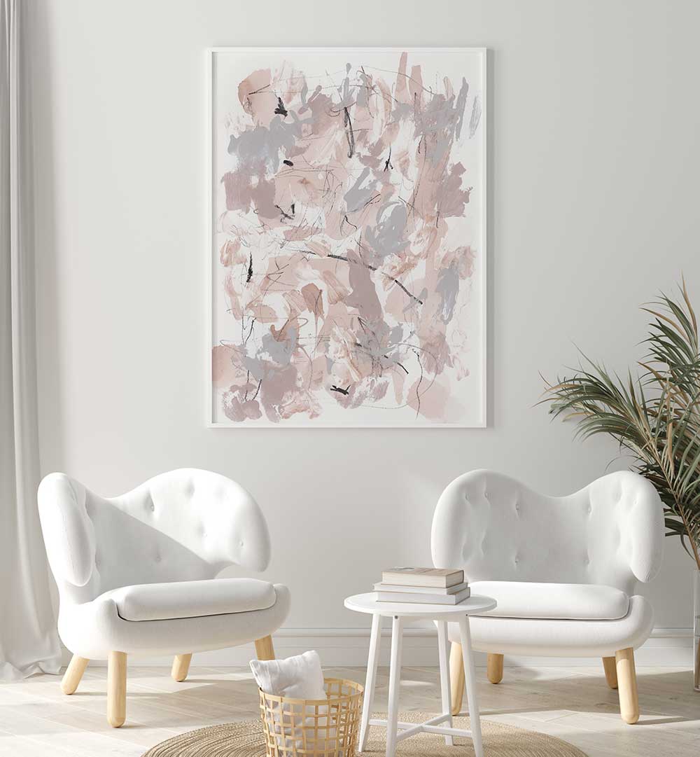 Vibrant FLORAL ABSTRACT I, ABSTRACT PAINTINGS adorns a modern space, showcasing beautiful floral motifs and dynamic shapes.