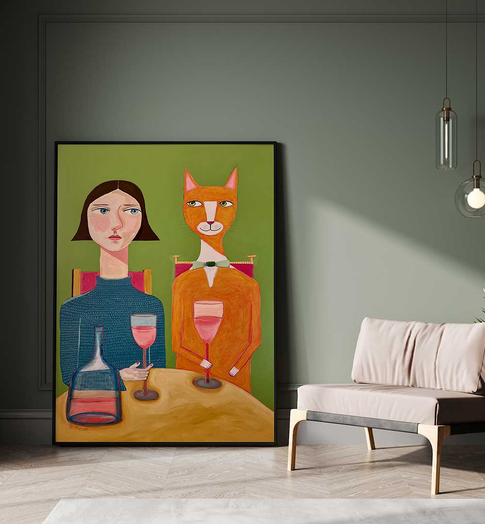 LADY AND CAT DRINKING WINE  , PORTRAITS & FIGURATIVE ILLUSTRATIONS