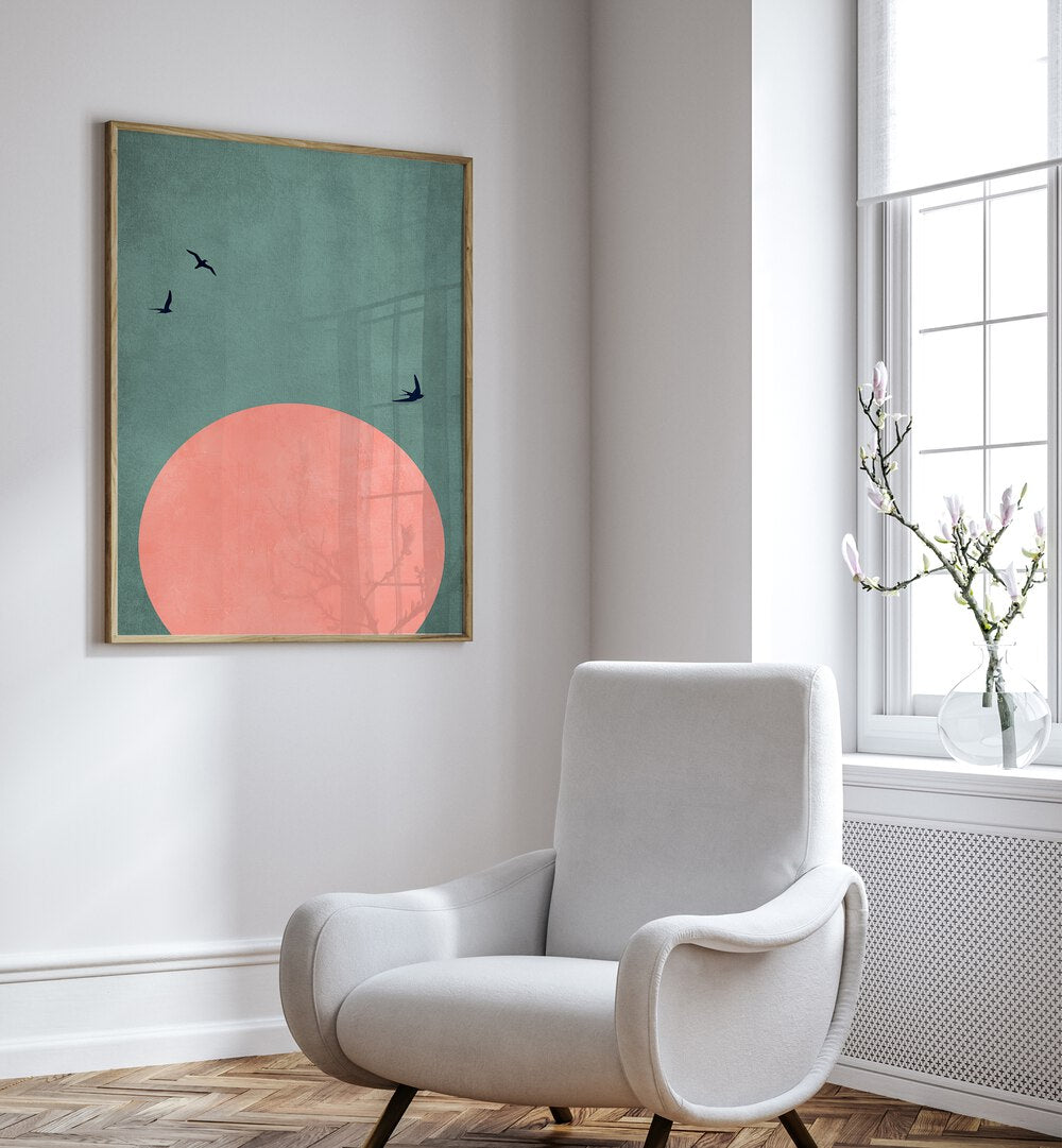 A Beautiful Day Landscape Art Artwork in Oak Wood Plain Frame placed on a White Wall next to a White Sofa Chair in the Drawing Room