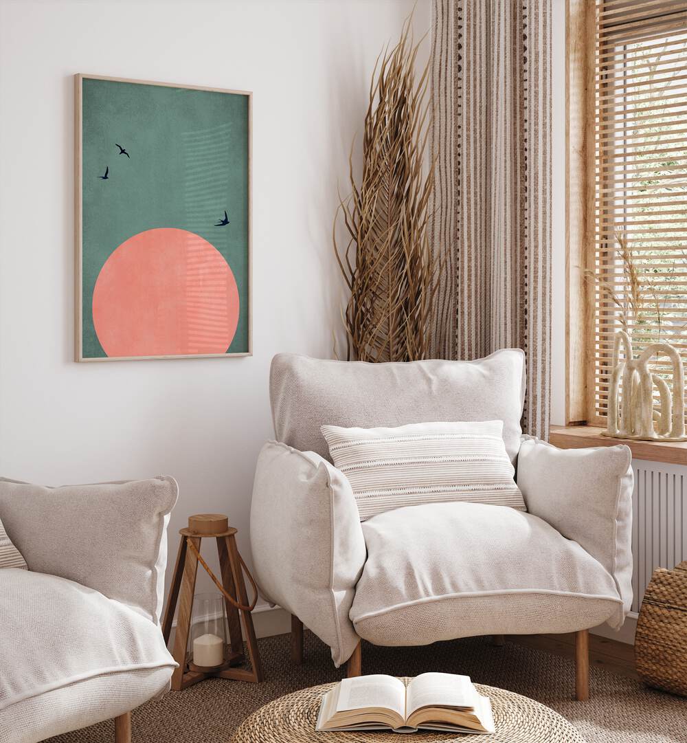 A Beautiful Day Landscape Art Artwork in Oak Wood Plain Frame Placed on a White Wall next to a Pair Of White Sofa Chairs in the Drawing Room