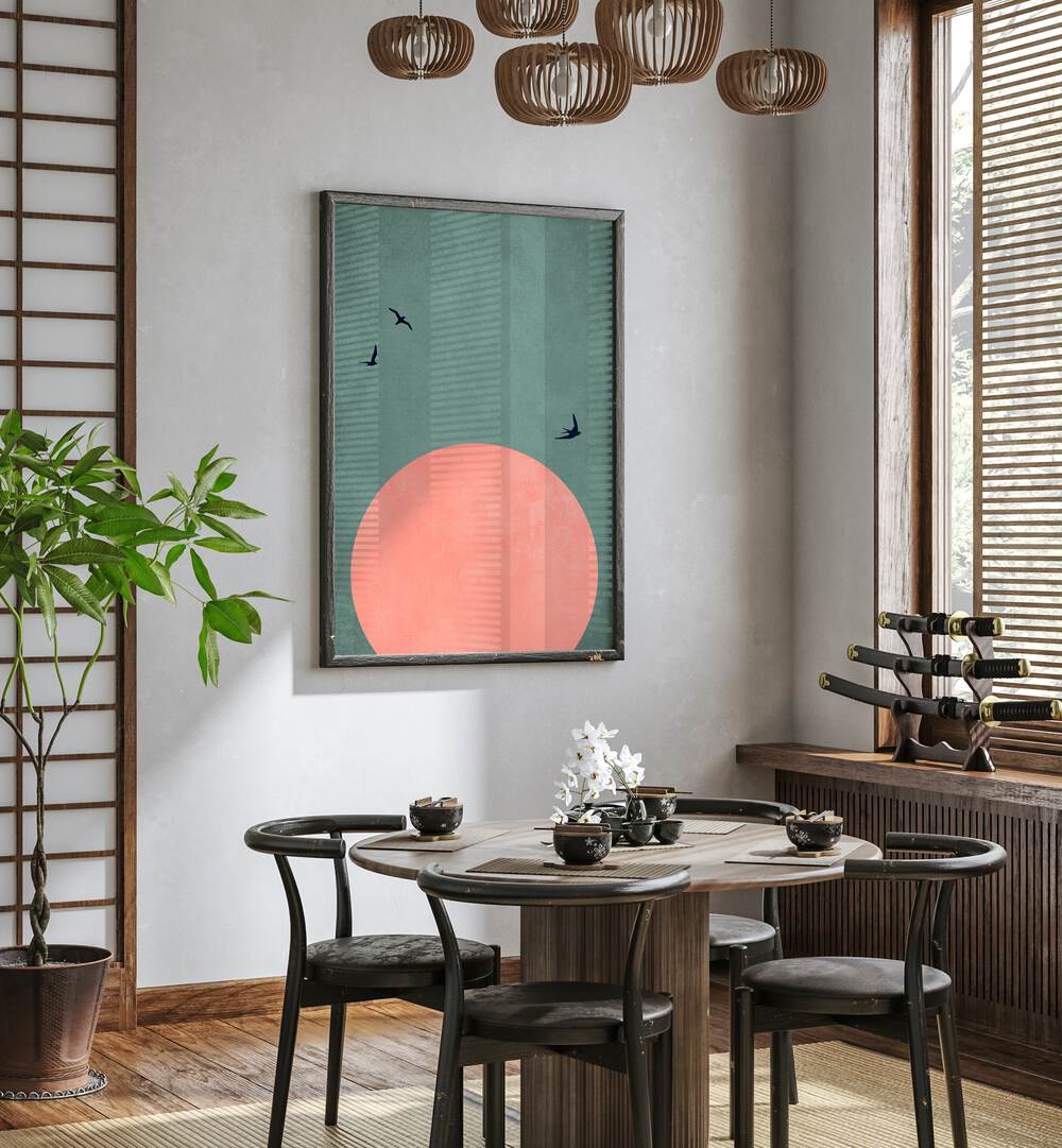 A Beautiful Day Landscape Art Artwork in Black Plain Frame Placed on a White Wall near a Wooden Dinning Table in the Dinning Room