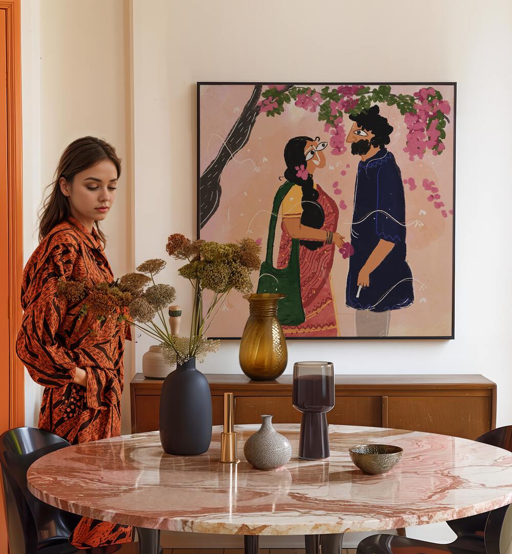 A Bengali Bikel By Shreya Roy Chowdary, Indian Art Paintings Artwork in Black Plain Frame placed on a White Colored Wall near a Dining Table in the Dining Room