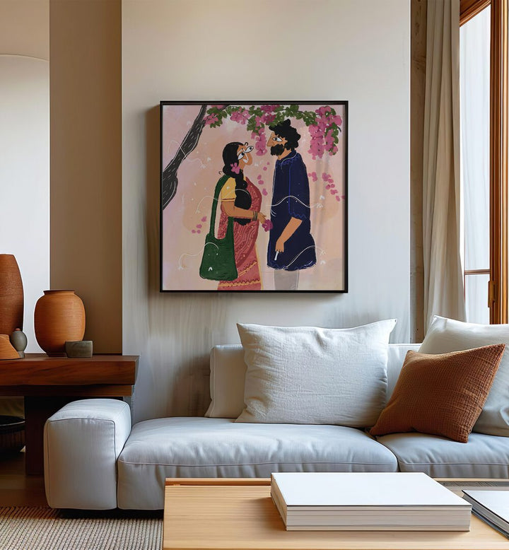 A Bengali Bikel By Shreya Roy Chowdary, Indian Art Paintings Artwork in Black Plain Frame
placed on a Cream Colored Wall near a White Sofa in the Living Room