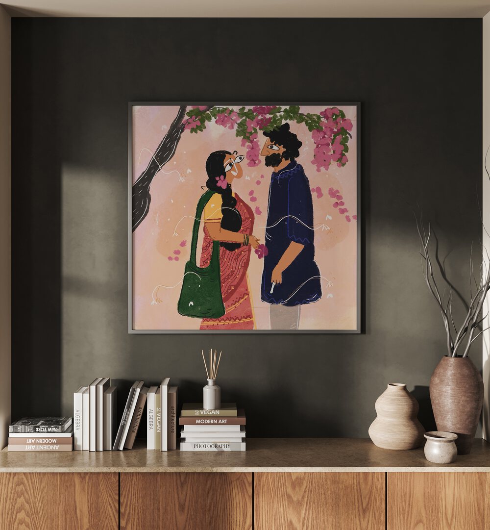 A Bengali Bikel By Shreya Roy Chowdary, Indian Art Paintings Artwork in Black Plain Frame placed on a Dark Grey Colored Wall placed above a Console Table in the Drawing Room