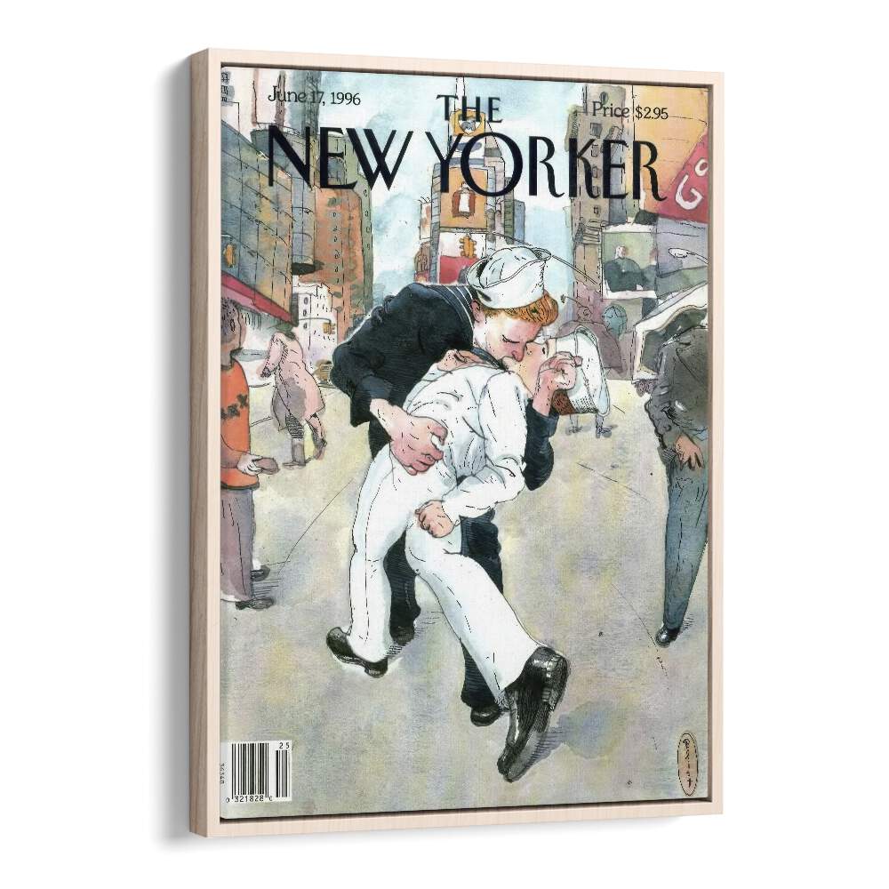 A Couple Re-enacts A Famous World War Ii Kiss-new Yorker 1996 Issue Artwork in Oak Wood Floater Frame
