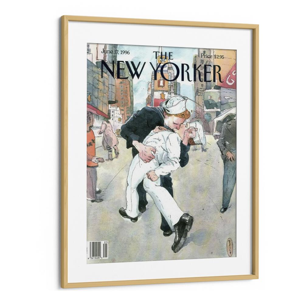 A Couple Re-enacts A Famous World War Ii Kiss-new Yorker 1996 Issue  in Oak Wood Frame With Mount