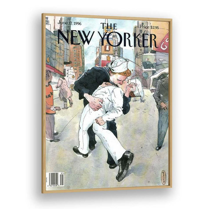 A Couple Re-enacts A Famous World War Ii Kiss-new Yorker 1996 Issue Artwork in Oak Wood Plain Frame