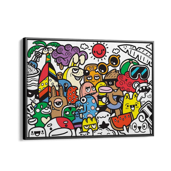 A Day At The Beach Doodle Art Artwork in Black Floater Frame