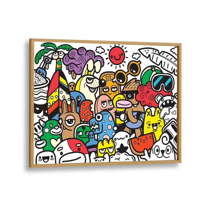 A Day At The Beach Doodle Art Artwork in Oak Wood Plain Frame