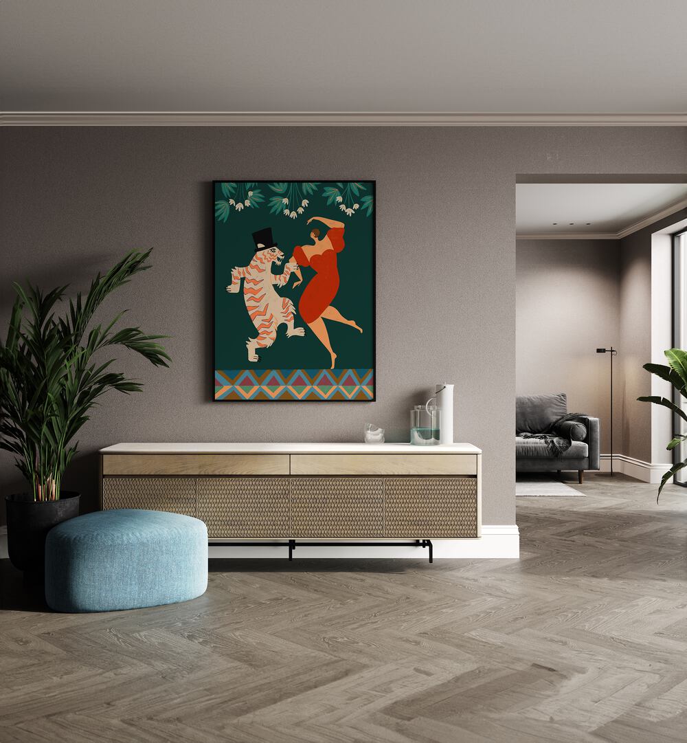 A Date With A Wild Cat By Arty Guava Wall Art Prints in White Plain Frame placed on a Beige Colored Wall above a Console Table in the Drawing Room