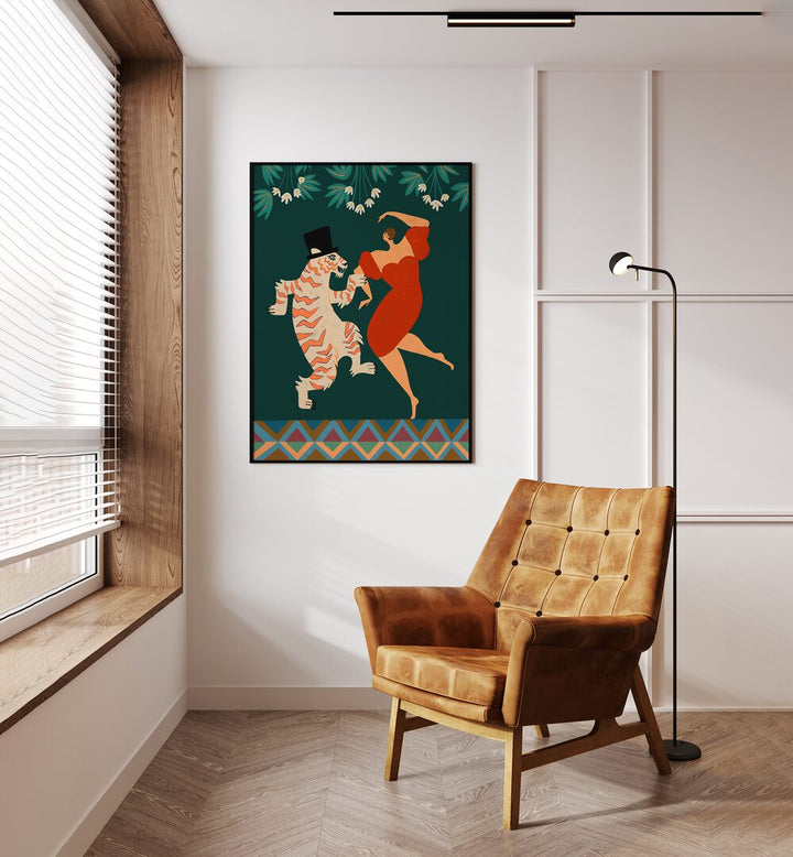 A Date With A Wild Cat By Arty Guava Wall Art Prints in Black Plain Frame placed on a Cream Colored Wall in the Drawing Room