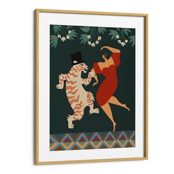 A Date With A Wild Cat By Arty Guava Wall Art Prints in Oak Wood Frame With Mount