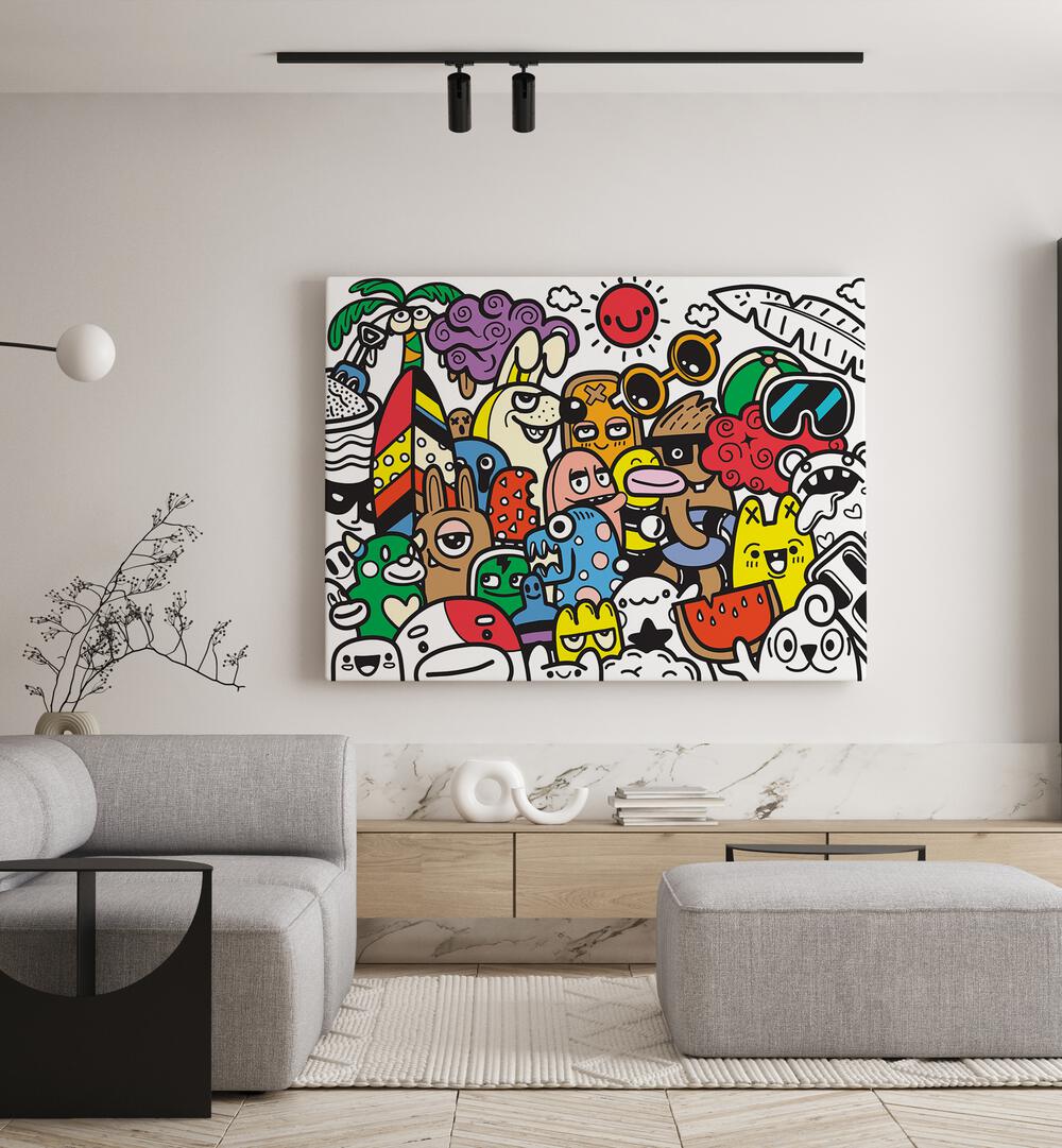 A Day At The Beach Doodle Art Painting in Gallery Wrap placed on wall behind sofa