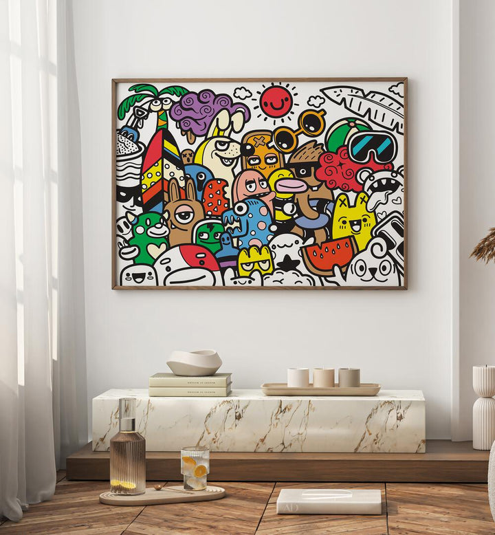 A Day At The Beach Doodle Art Painting in Oak Wood Plain Frame placed on wall behind a white table