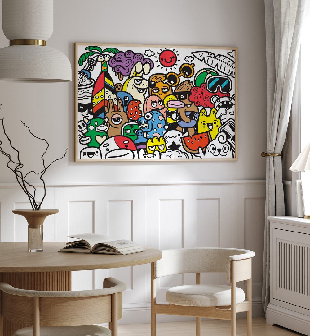 A Day At The Beach Doodle Art Painting in Oak Wood Plain Frame placed on wall behind a reading table