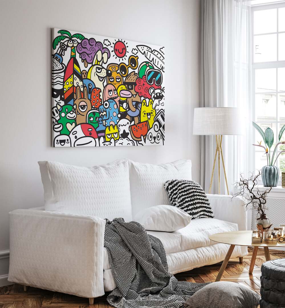 A Day At The Beach Doodle Art Painting in Gallery Wrap placed on wall behind a sofa