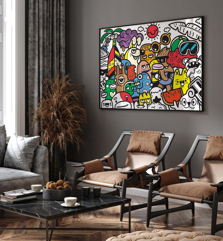 A Day At The Beach Doodle Art Painting in Black Plain Frame placed on wall behind a chair beside a window