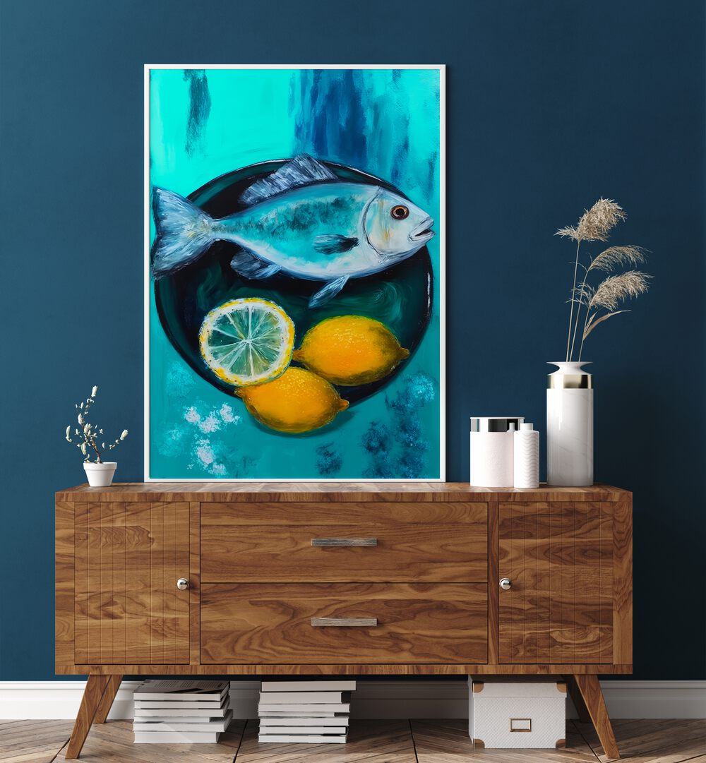 A Fishplate By Treechild Kitchen Art Prints in White Plain Frame placed on a Console Table near a Blue Colored Wall in the Drawing Room