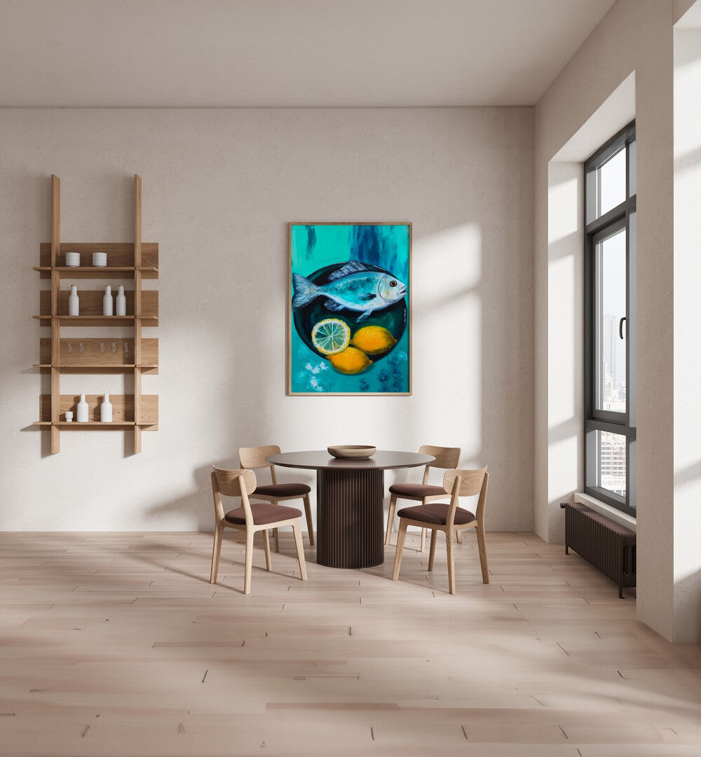 A Fishplate By Treechild Kitchen Art Prints in Oak Wood Plain Frame placed on a White Colored Wall near a Coffee Table in the Dining Room 