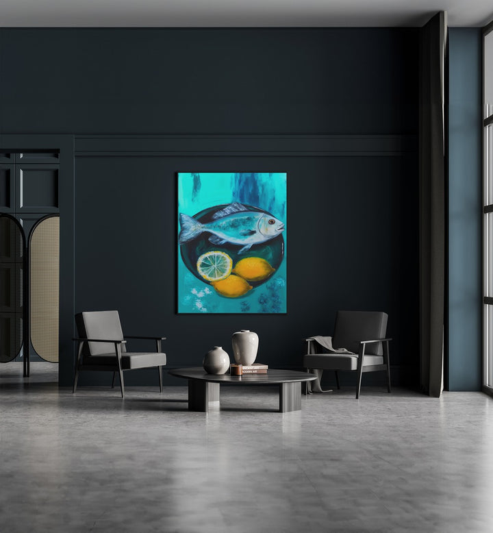 A Fishplate By Treechild Kitchen Art Prints in Black Plain Frame placed on a Dark Grey Colored Wall in the Living Room