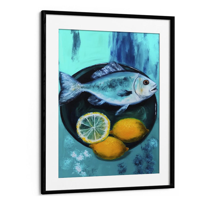 A Fishplate by Treechild Kitchen Art Prints in Black Frame With Mount