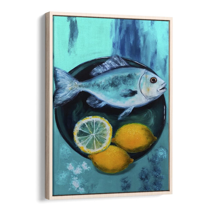 A Fishplate by Treechild Kitchen Art Prints in Oak Wood Floater Frame