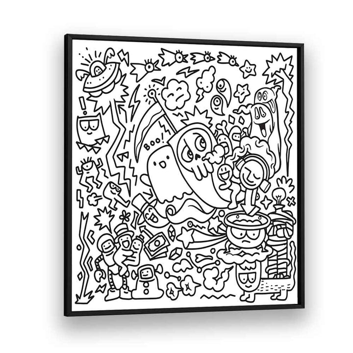 A Ghostly Adventure Doodle Art Artwork in Black Plain Frame