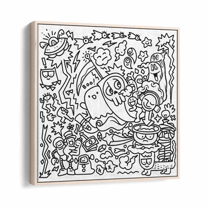 A Ghostly Adventure Doodle Art Artwork in Oak Wood Floater Frame