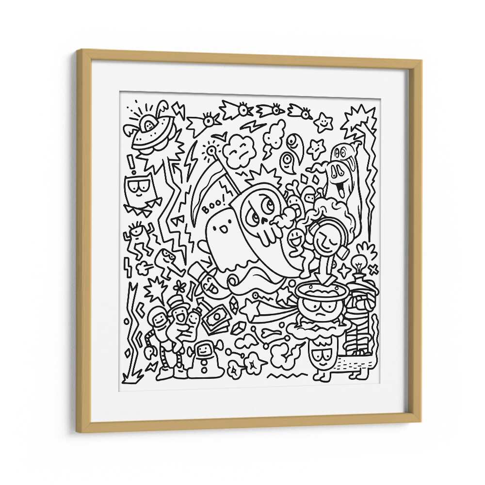 A Ghostly Adventure Doodle Art Artwork in Oak Wood Frame With Mount