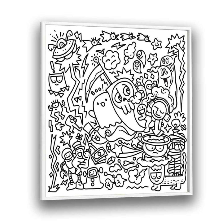 A Ghostly Adventure Doodle Art Artwork in White Plain Frame