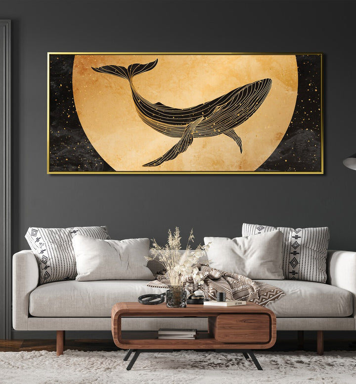 A Golden Dive Wildlife Art Artwork Placed On a Dark Grey Wall Behind a White Sofa in the Living Room