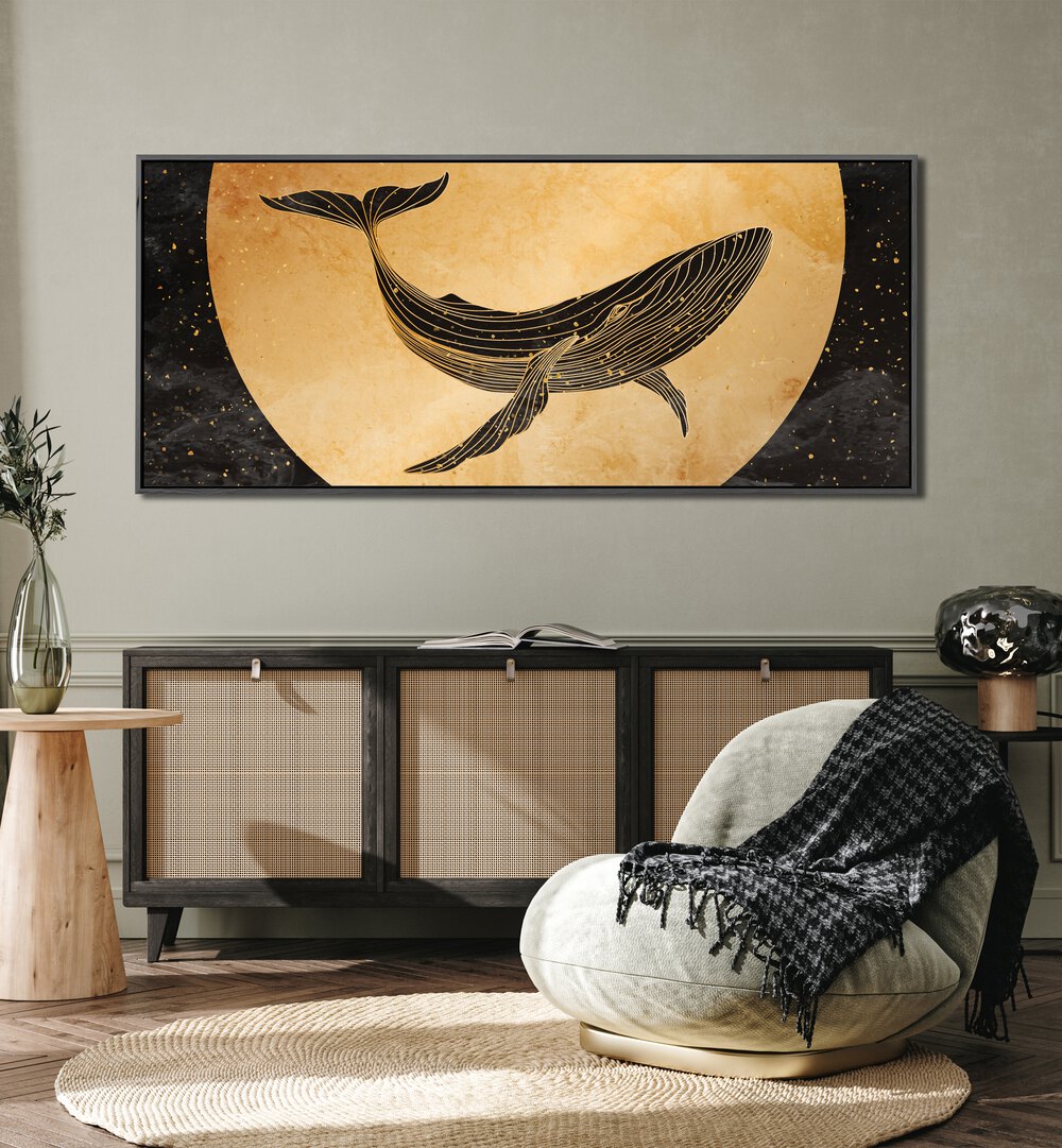 Whale silhouette against a golden backdrop in "A GOLDEN DIVE, ANIMAL PAINTINGS" for nature lovers and art enthusiasts.