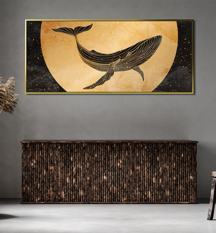 A Golden Dive Wildlife Art Artwork in a Gold Floater Frame Placed above a Console Table on a Grey Wall in the Drawing room