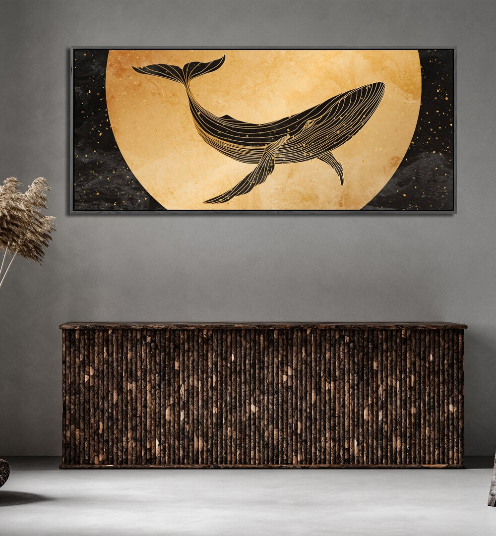 A Golden Dive Wildlife Art Artwork in a Black Floater Frame Placed above a Console Table on a Grey Wall in the Drawing room