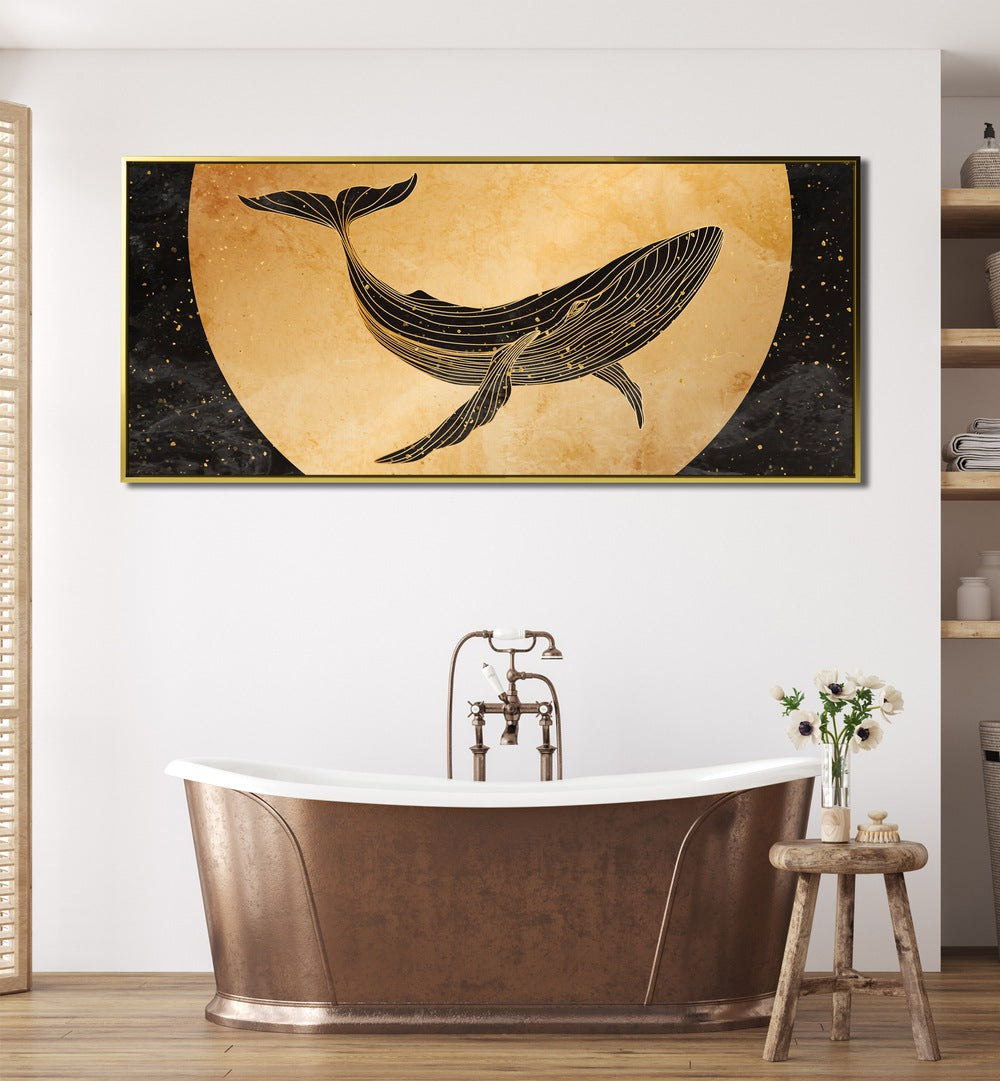 A Golden Dive Wildlife Art Artwork in a Gold Floater Frame Placed on a White Wall Near a Bath Tub in the Bathroom