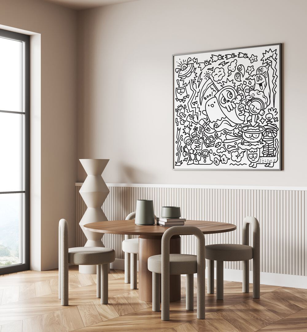 A Ghostly Adventure Doodle Art Painting in Black Plain Frame placed on wall behind a dining table