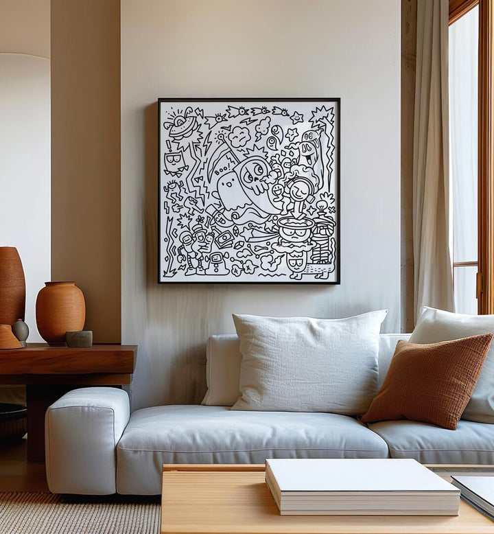 A Ghostly Adventure Doodle Art Painting in Black Plain Frame placed on wall behind a sofa