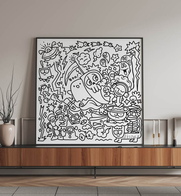 A Ghostly Adventure Doodle Art Painting in Black Plain Frame placed on black table