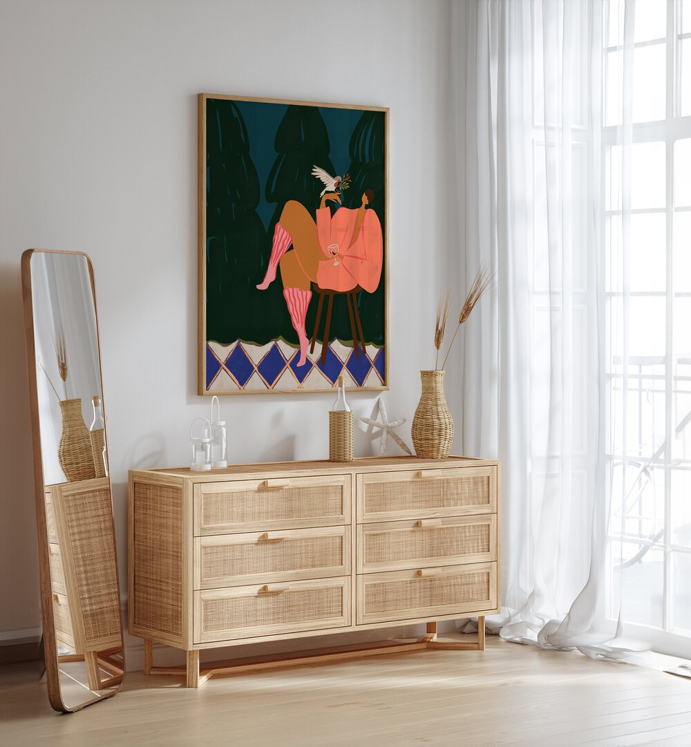 A Lil Birdy Told Me By Arty Guava Wall Art Prints in Oak Wood Plain Frame placed on a White Colored Wall above a Console Table in the Drawing Room 