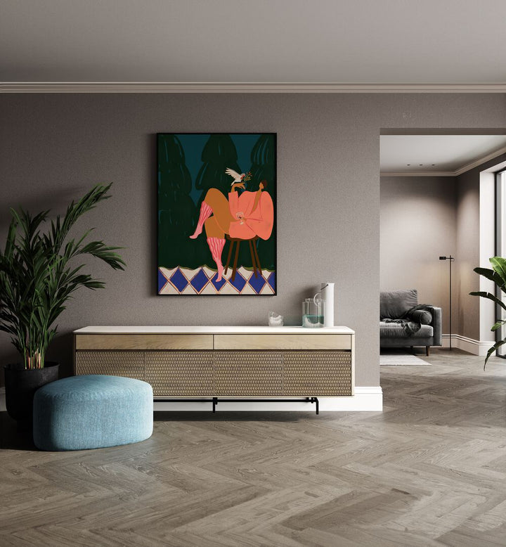 A Lil Birdy Told Me By Arty Guava Wall Art Prints in Black Plain Frame placed on a Beige Colored Wall above a Console Table in the Drawing Room