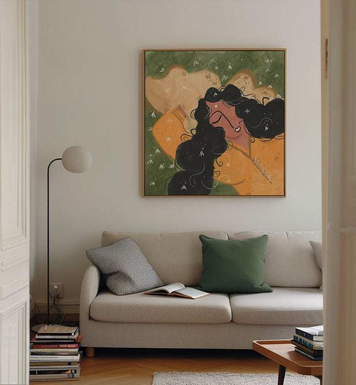 A Peaceful Day By Shreya Roy Chowdary, Indian Art Paintings Artwork in Oak Wood Floater Frame placed on a Cream Colored Wall near a Beige Sofa in the Living Room