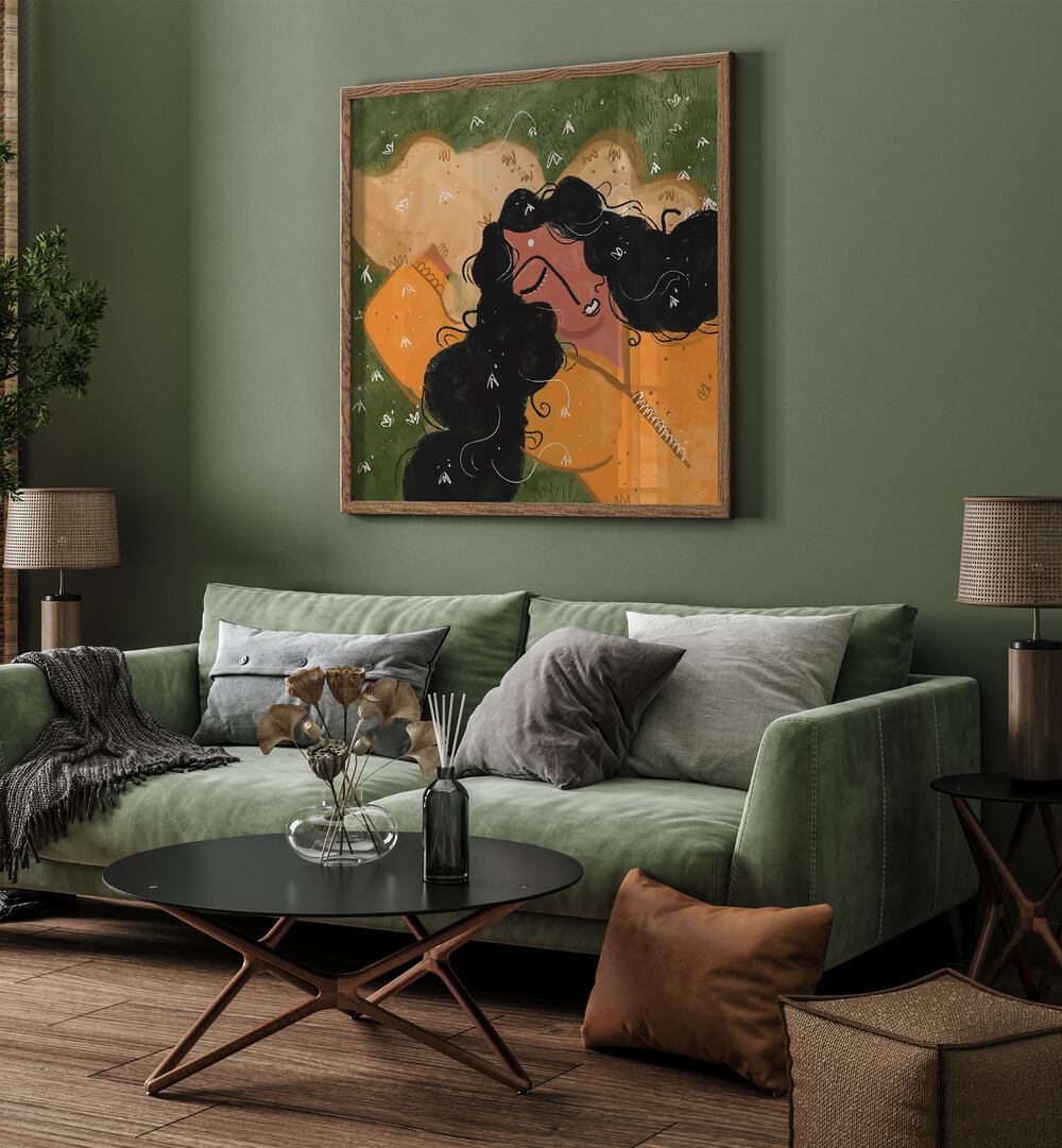 A Peaceful Day By Shreya Roy Chowdary, Indian Art Paintings Artwork in Oak Wood Plain Frame placed on a Green Colored Wall near a Green Sofa in the Living Room