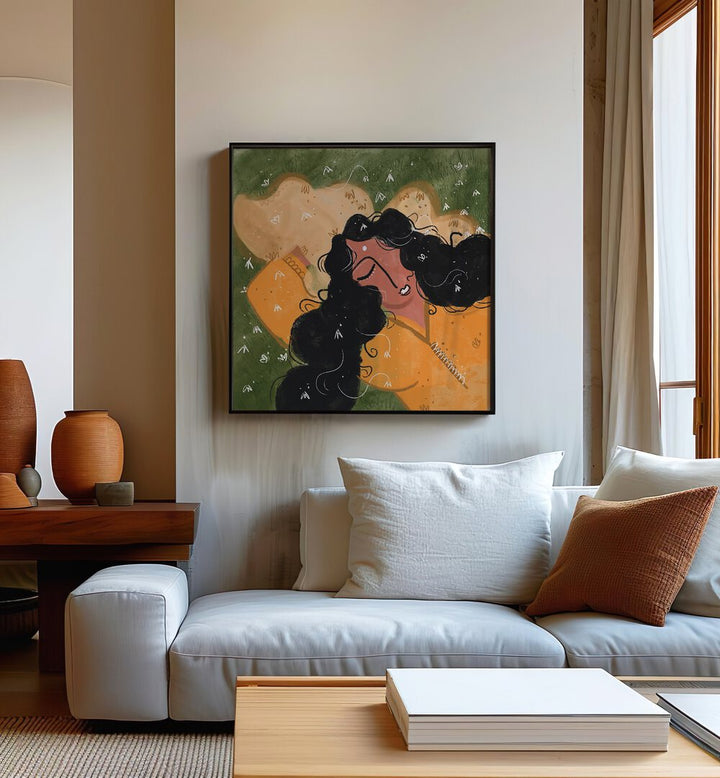 A Peaceful Day By Shreya Roy Chowdary, Indian Art Paintings Artwork in Black Plain Frame placed on a Cream Colored Wall near a White Sofa in the Living Room